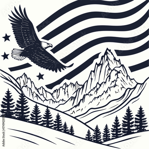 Majestic bald eagle soars across a stylized american flag backdrop over rugged mountain peaks and pine trees symbolizing freedom and the great outdoors