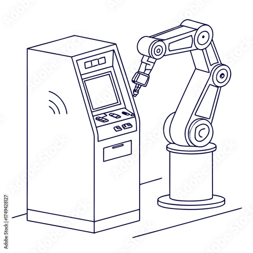 Modern automated robotic arm interacting with a digital kiosk or self service machine in a clean industrial or commercial setting