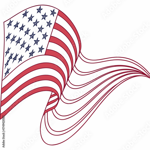 Stylized american flag with waving stripes and stars against a white background representing freedom and patriotism