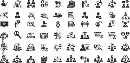 Business management icon set, human resources, teamwork, employee recruitment, leadership, communication, project planning, corporate strategy, black vector illustration.