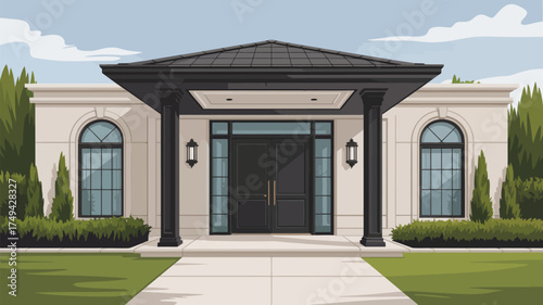 Illustration of a modern house with a black roof and door and well maintained green lawn in front