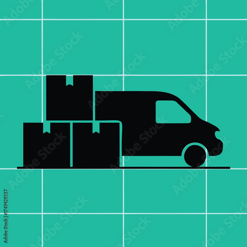 Delivery van silhouette with stacked cardboard boxes, shipping and logistics service concept for cargo transportation and freight moving vector icon.