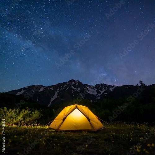 A lit tent glows in the foreground against a backdrop of a starry night sky and majestic mountains. The Milky Way is visible
