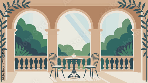 Illustration of a balcony with arches, chairs, table, and foliage in a serene and peaceful setting