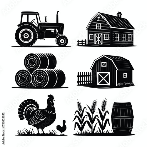 hanksgiving Farm Silhouette Bundle Tractor Barn Turkey Rooster Hay Bale Cornfield Barrel Vector Set