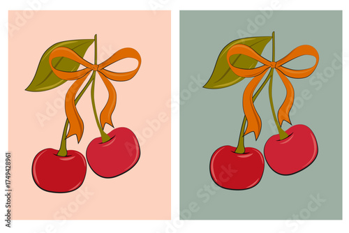 Hand-drawn cherries on a branch with a green leaf. Red berries hanging from a branch can be used as posters, postcards, skimmers, or icons.
