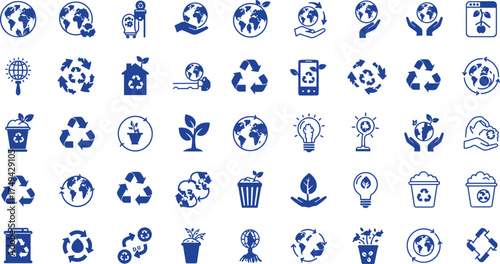 Eco recycling icon set, sustainability and environment symbols, renewable energy, green planet, zero waste, ecological protection vector illustration.