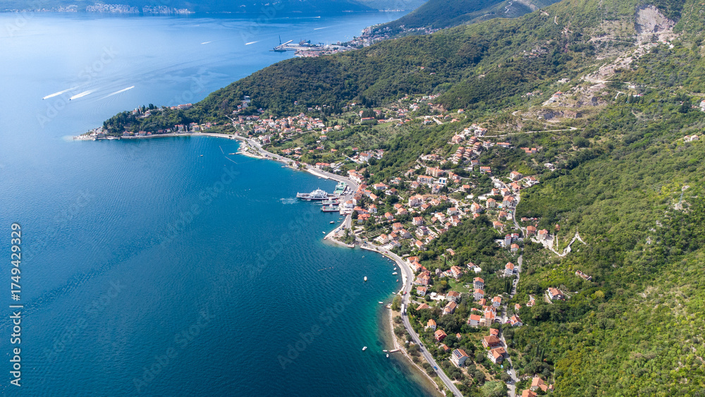 Fototapeta premium Kotor Bay, Montenegro — Aerial Drone View of Mountains and Beautiful Nature