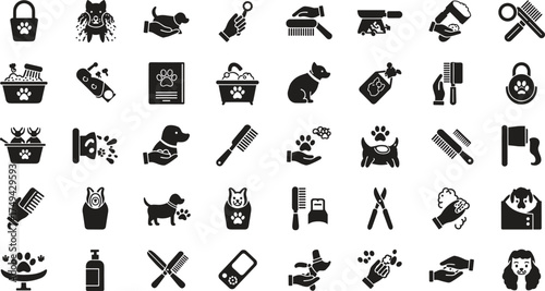 Pet grooming icons collection showing dogs, combs, shampoo, bath tubs, paw prints, and cleaning tools for animal care and hygiene.