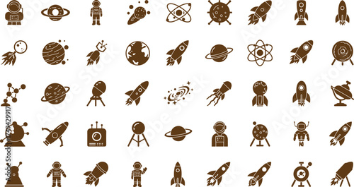Space exploration icons set with astronaut, rocket, planet, galaxy, atom, spaceship, and astronomy science vector illustration for design