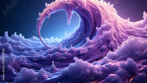 a purple and blue wave in the middle of clouds, wide angle