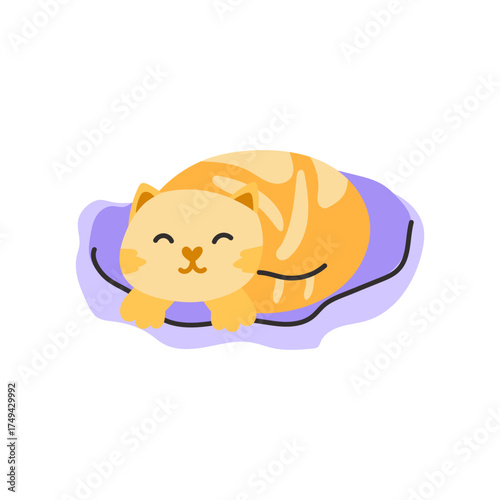 Vector illustration of a cute cat sleeping in a cozy animal bed. Perfect for pet-themed designs, stickers, clipart, and artwork highlighting a relaxed and adorable feline