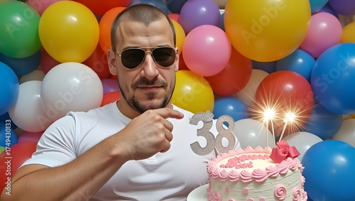 a man with a birthday cake in front of balloons, wide angle