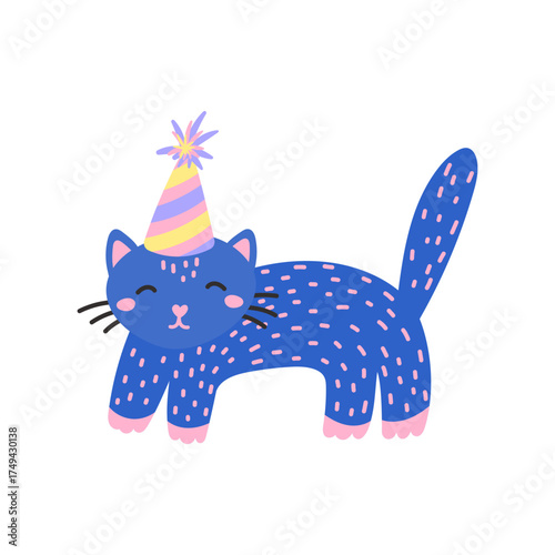 Vector illustration of a cheerful cat wearing a party hat. Perfect for birthday and celebration designs, stickers, clipart, festive projects, highlighting a playful and adorable pet