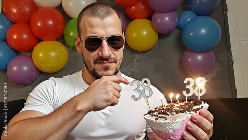 a man holding a birthday cake with a lit candle, wide angle