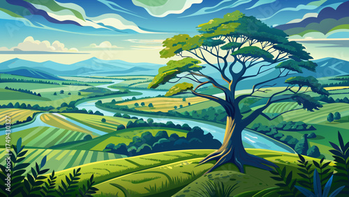 Very beautiful lonely tree above Shenandoah Valley farmland with Shenandoah River below, vector-style aerial landscape highlighting green fields, winding water, and misty morning calm.