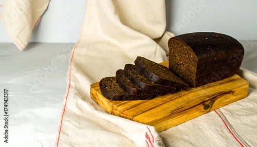 A loaf of dark, sliced bread rests on a wooden cutting board, on a linen cloth, against a pale background