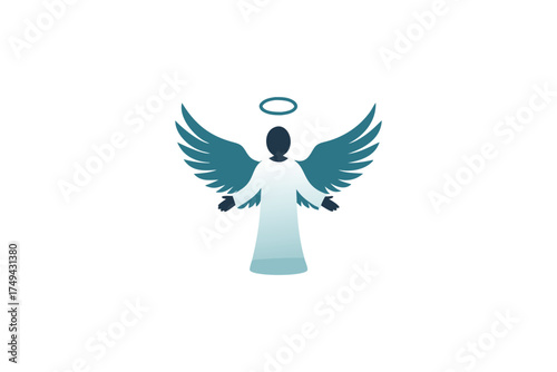 An angelic figure with spread wings a halo and distinct silhouette