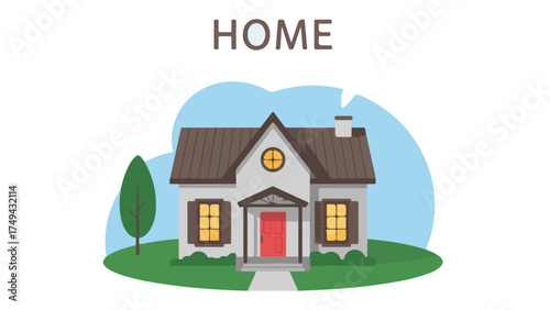 Cozy house vector illustration featuring a charming home with a tree and yard perfect for real estate or family concepts