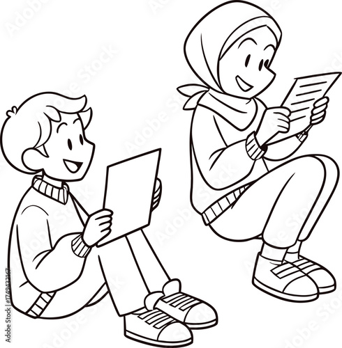 Two-cartoon-characters-reading-papers-together.