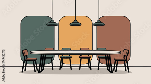 A drawing of a conference room with a long table chairs and three hanging lights with colored backgrounds