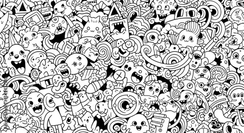 Whimsical Doodle Crowd: A Dense Composition of Playful Characters and Abstract Shapes