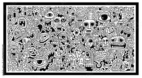 A Whimsical Black and White Doodle Explosion of Grotesque Faces and Eyes