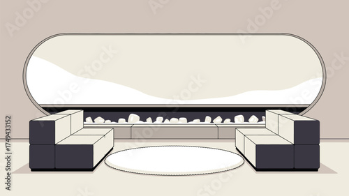 A minimalist living room with a fireplace two sofas and a round rug in a neutral color palette design