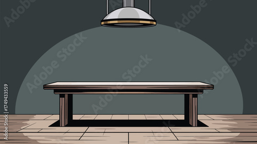 A cartoon illustration of a table under a light in a room with a wooden floor and grey walls