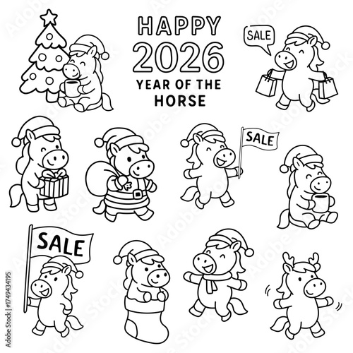 Horse Character Vector Set coloring book 2026. outline Happy New Year collection with a Christmas tree and Santa Claus, isolated on white background