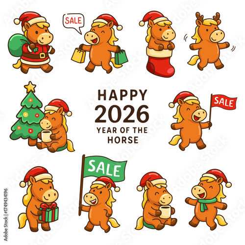 2026 Horse Character Vector Set. Happy New Year collection with a Christmas tree and Santa Claus, isolated on white background