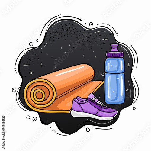 fitness gear with yoga mat, bottle, and sneakers