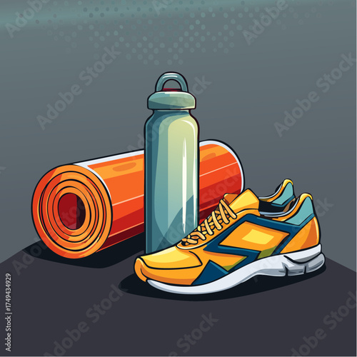 fitness gear with yoga mat, bottle, and sneakers