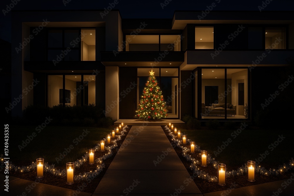Fototapeta premium Modern home facade at night, vibrant Christmas tree through front glass window, pathway lined with glowing candles and silver garlands.