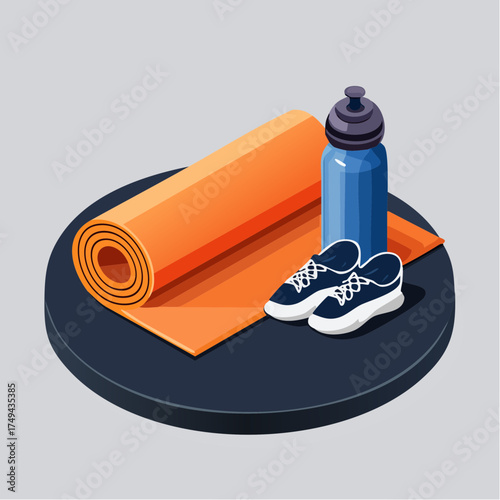 fitness gear with yoga mat, bottle, and sneakers