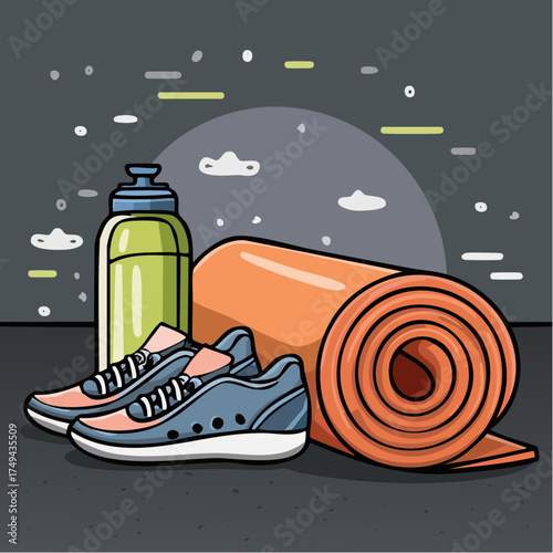 fitness gear with yoga mat, bottle, and sneakers