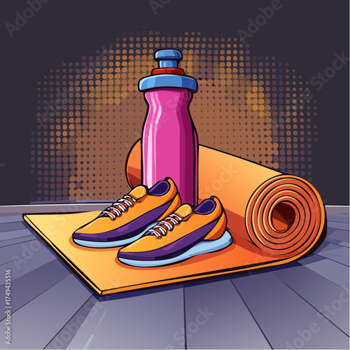 fitness gear with yoga mat, bottle, and sneakers