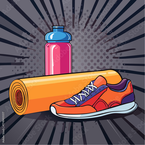 fitness gear with yoga mat, bottle, and sneakers