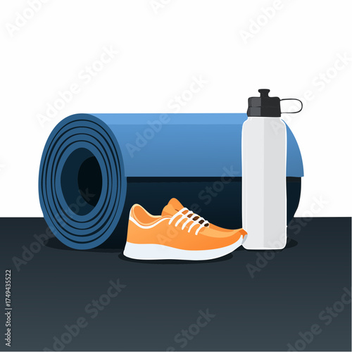 fitness gear with yoga mat, bottle, and sneakers