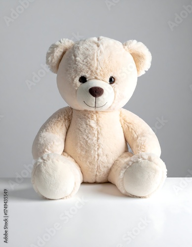 Beige teddy bear on white surface