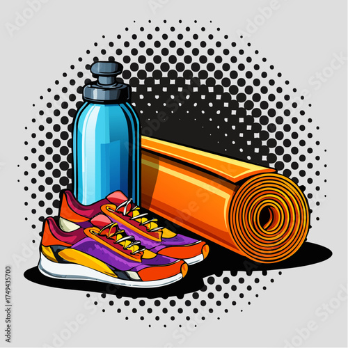 fitness gear with yoga mat, bottle, and sneakers
