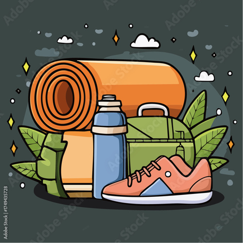 fitness gear with yoga mat, bottle, and sneakers