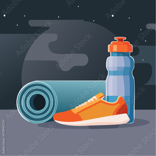 fitness gear with yoga mat, bottle, and sneakers