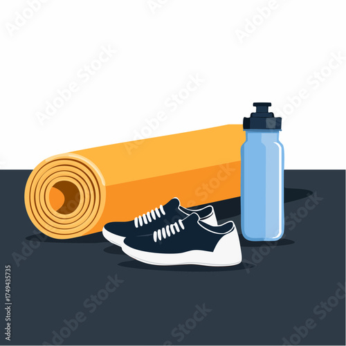 fitness gear with yoga mat, bottle, and sneakers