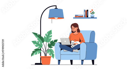 A female freelancer working from home on her laptop in a cozy armchair with a cat sleeping on her lap, a professional vector illustration isolated on white background