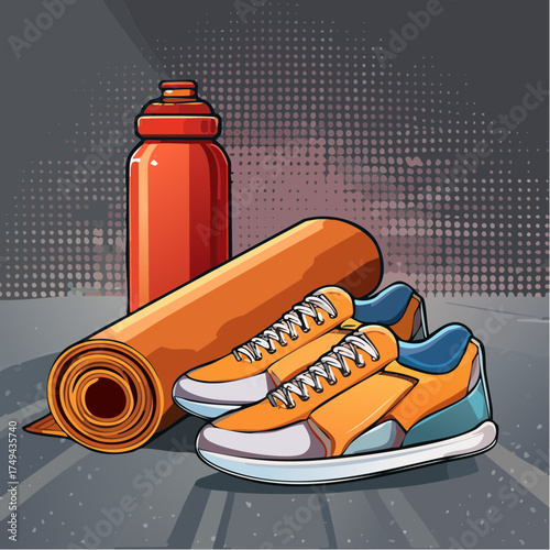 fitness gear with yoga mat, bottle, and sneakers