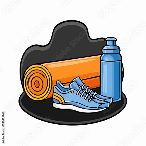 fitness gear with yoga mat, bottle, and sneakers