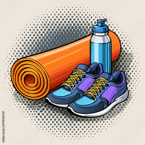 fitness gear with yoga mat, bottle, and sneakers