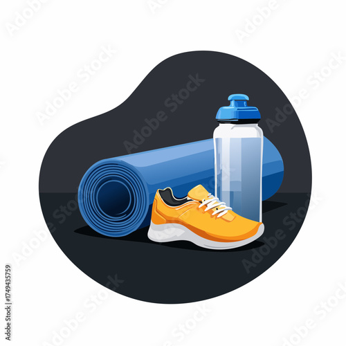 fitness gear with yoga mat, bottle, and sneakers