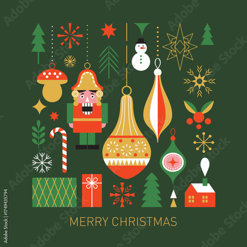 Christmas decorations, vector xmas card, Christmas tree toys	, Nutcracker. xmas ball, candy cane, mushroom
